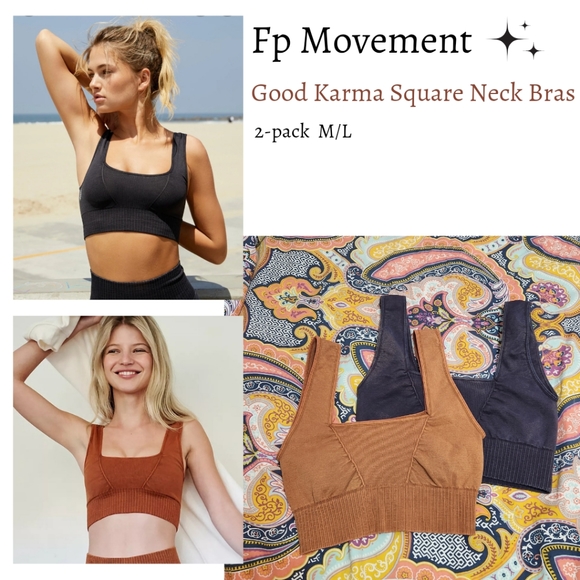 Free People Other - NWOT Fp Movement Good Karma Square Neck bra bundle M/L black brown 2-pack